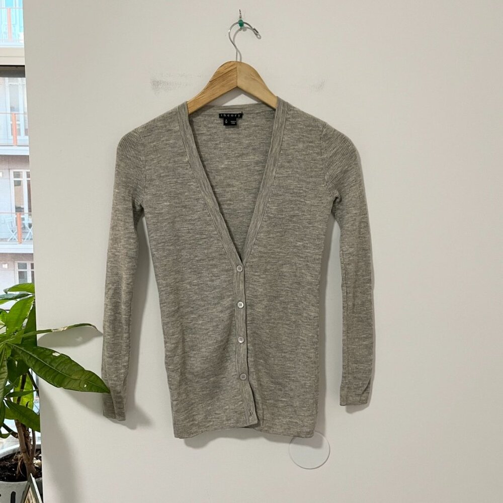 Theory Gray Ribbed Cardigan Sweater Size Small